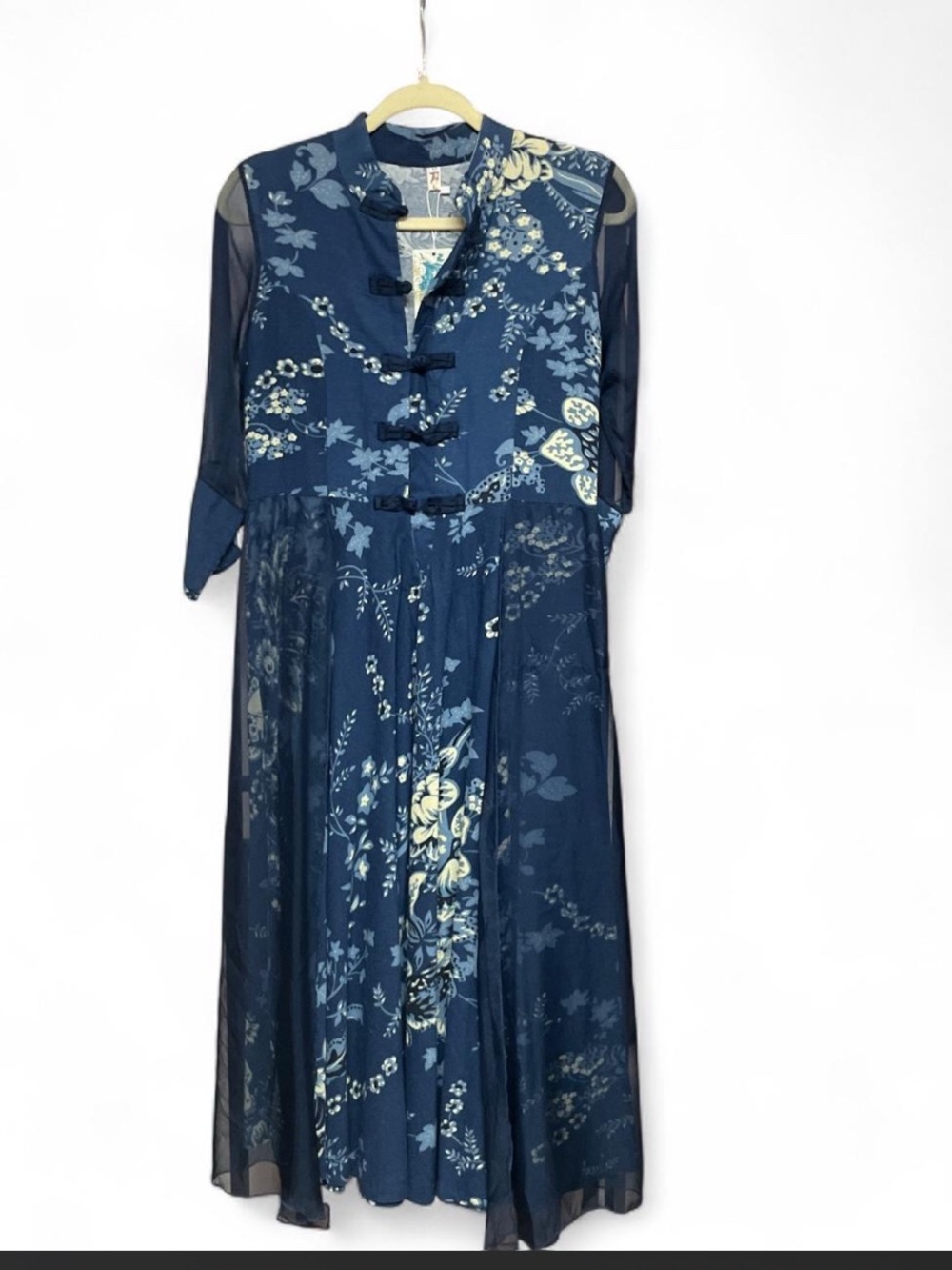 Floral Navy Midi Dress with Mandarin Collar